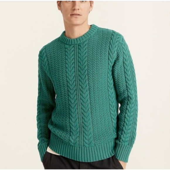 J Crew Green 100% Cotton Hand Knitted Cable Knit Sweater Men’s XL Fisherman - Picture 1 of 14